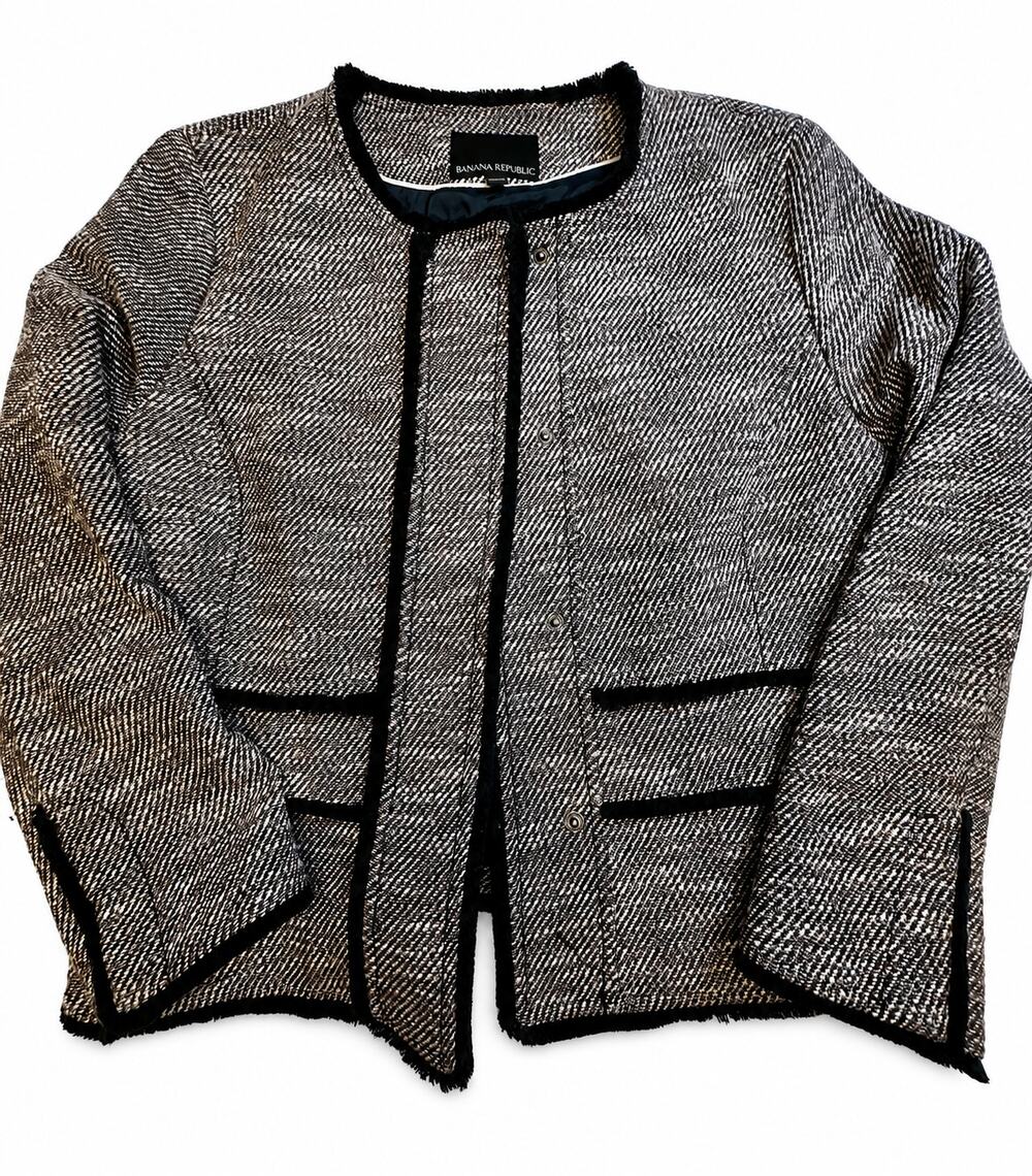 Banana Republic Women’s Size 10 Multicolor Tweed Collarless Jacket Fringe Trim